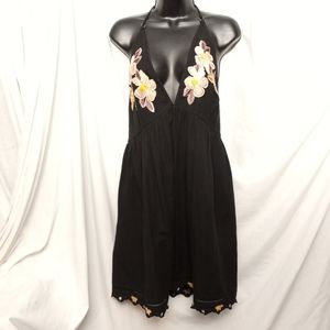 FREE PEOPLE Black Halter Dress w/Embroidery Detail